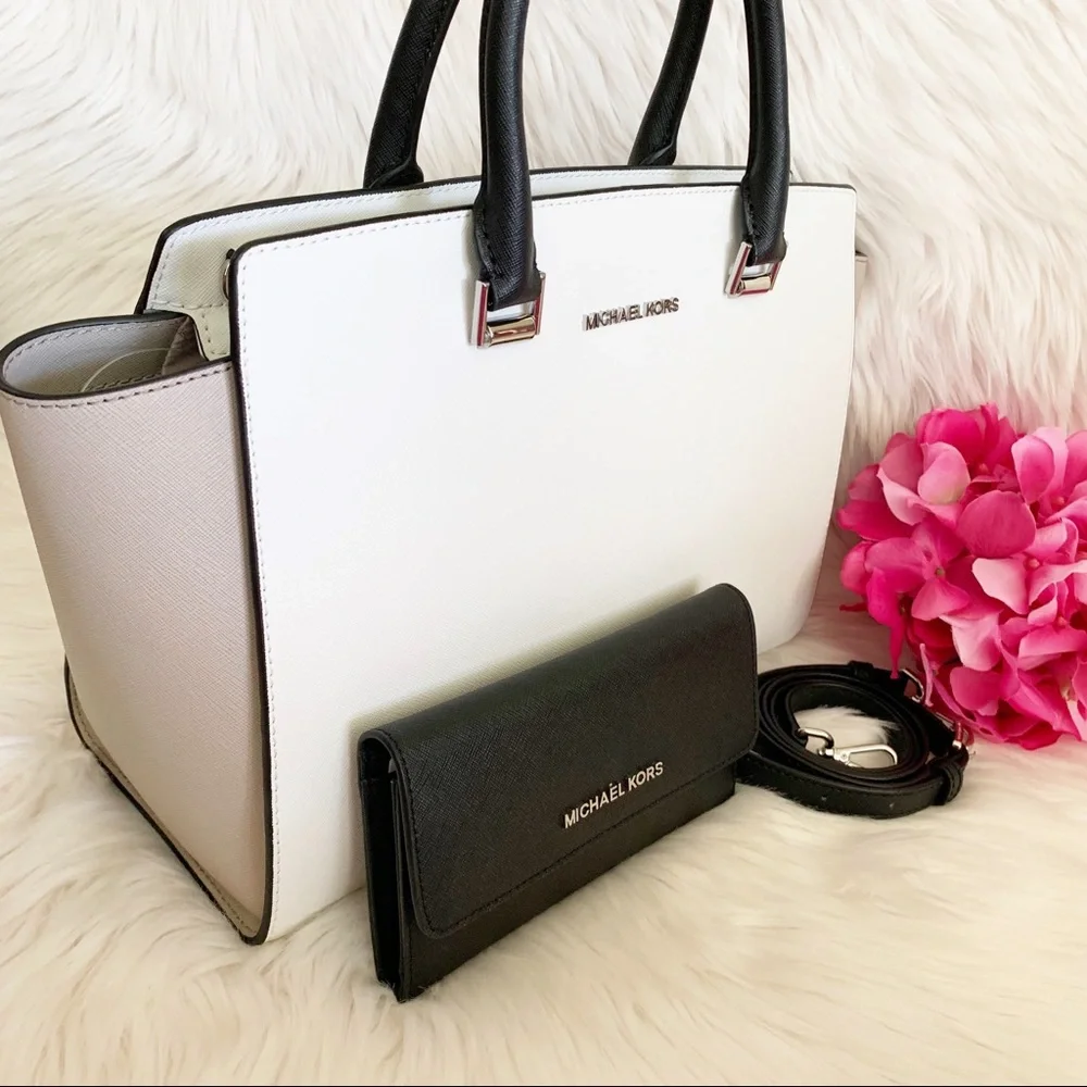 Michael Kors White and Black Saffiano Leather Satchel